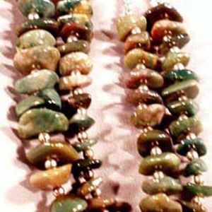 BLOODSTONE GEMSTONE CHUNKS, DOUBLE STRAND WITH  STERLING SILVER BEADS, GREENS/BR
